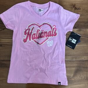 New Era Girl Pink Washington Nationals Flip Baseball Sequin V-Neck T-Shirt 6/6X